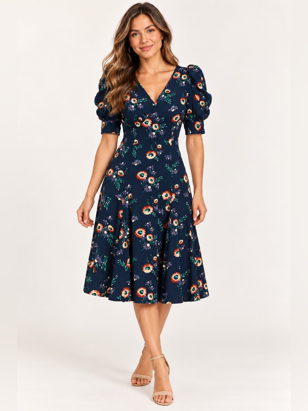 Polo Ralph Lauren Teo Dahlia Floral Crepe Midi Dress Navy Blue Sz 14 Puff Sleeve